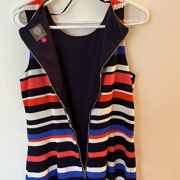 Vince Camuto Lined Navy, Blue, White & Coral Striped Dress - Picture 8 of 11